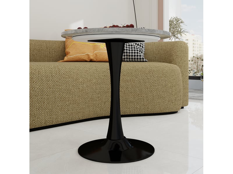  Table basse ronde 70x70x72cm design minimaliste, pieds hauts, marbre reconstitué, adaptée à 2 personnes, gris et noir  - Conforama E