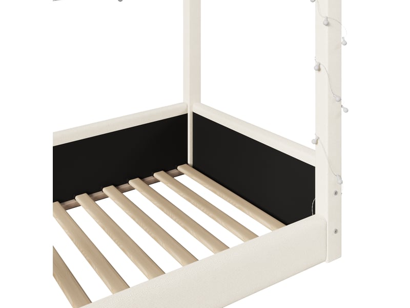  Lit cabane enfant 90x200 cm design minimaliste moderne, led multicolore, structure mdf recouvert lin, beige sans matelas  - Conforama E