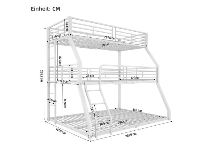  Lit superposé 3 etage avec rangement cadre métallique en fer 90×200 cm, 120×200 cm et 140×200 cm, lit triple pour enfants et  - Conforama D