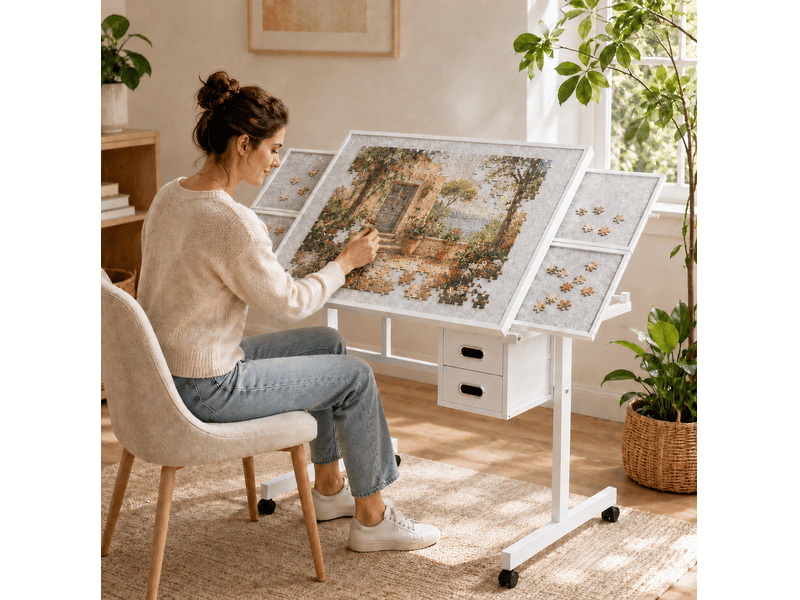  Table de puzzle 1000 pièces avec 4 plateaux, 2 tiroirs et roulettes, blanche  - Conforama B