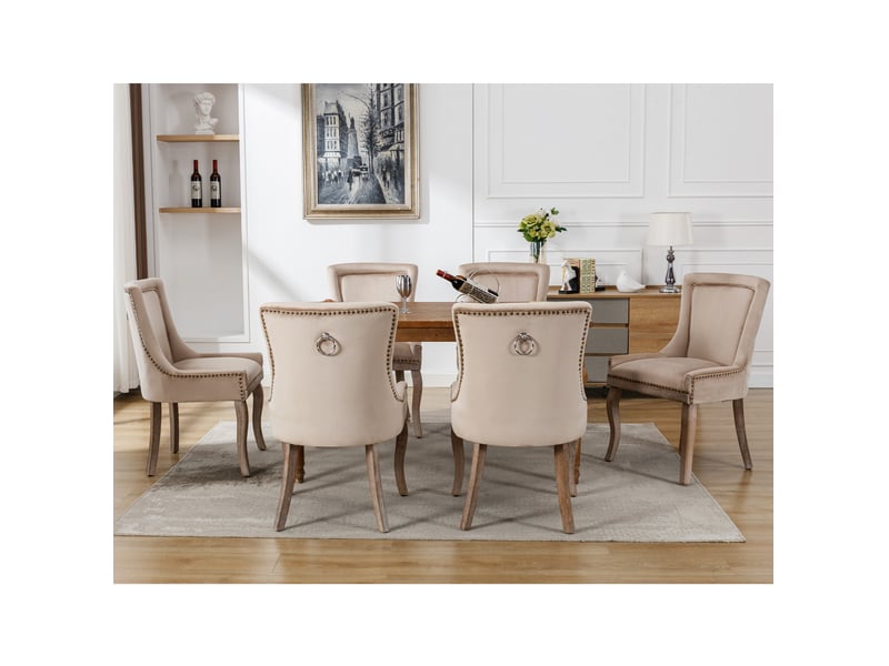 Chaise de salle à manger 6 pièces avec dossier rembourré, clous décoratifs et structure stable en velours beige  - Conforama D