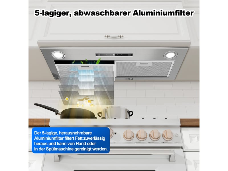  Hotte aspirante encastrable 72 cm, 400 m³h, 3 vitesses avec booster, commande tactile et gestuelle, évacuation ou recyclage  - Conforama D