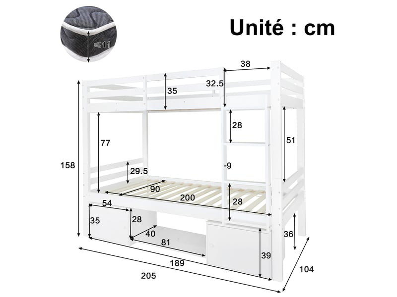  Lit superposé enfant 2 places avec rangements pour chaussures et casiers, séparable en 2 lits, 90×200 cm, sans matelas, blanc  - Conforama D