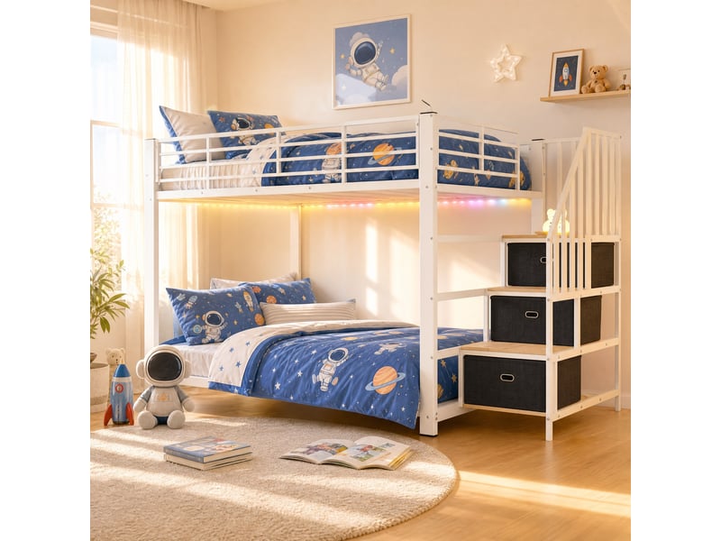  Lit superposé 2x140x200 cm en métal, avec escalier de rangements, ports usb et prise ronde, éclairage led, blanc  - Conforama E