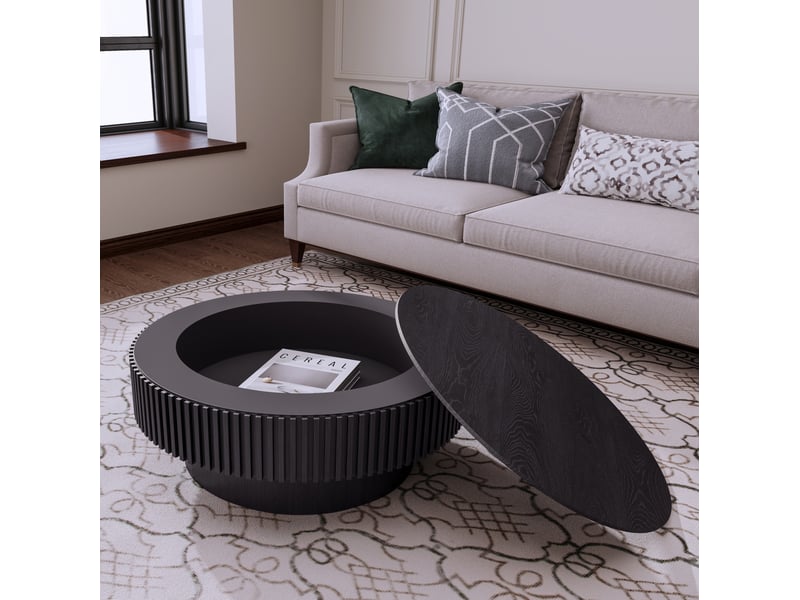  Table basse ronde 75 cm avec rangement en bois veneer noir, design moderne pour salon, chambre ou bureau  - Conforama B