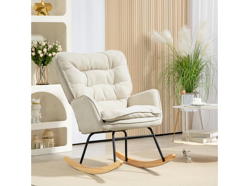  Fauteuil à bascule, chaise à bascule, rocking chair, chenille (100% polyester), 98.5x71x97cm, beige  - Conforama C