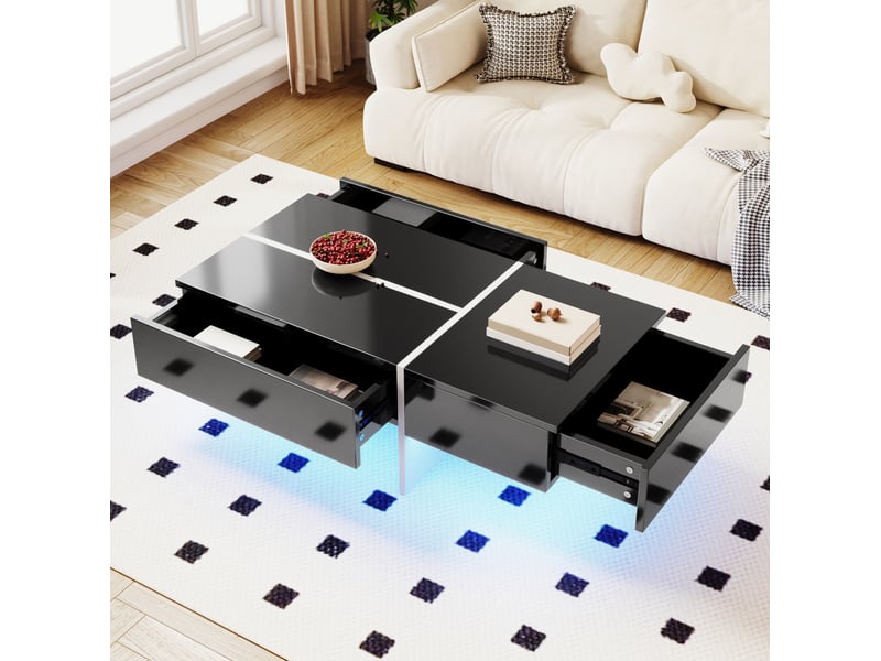 Table basse 100x50x34,5 cm avec led et 3 tiroirs, noir et blanc brillant - Conforama C