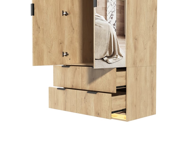 Armoire 2 portes avec miroir et led, 4 tiroirs et penderie en mdf bois clair 90 x 47 x 200 cm pour chambre - Conforama D