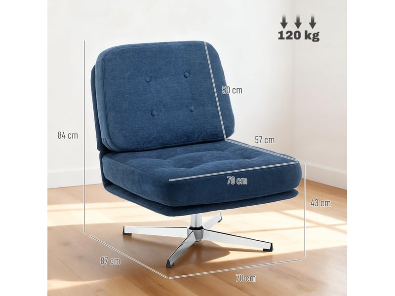  Fauteuil 87x70x84 cm, pivotant 360°, assise large, dossier épais, structure métal, canapé 1 place, couleur bleu foncé  - Conforama C