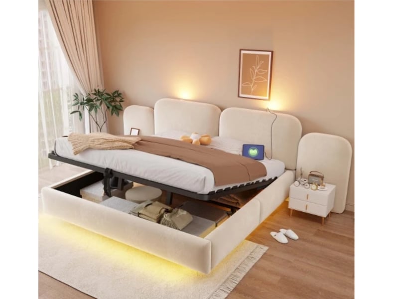  Lit capitonné 180×200 cm, rangement hydraulique, bandeau led, ports de charge, sommier à lattes stable, velours beige  - Conforama B