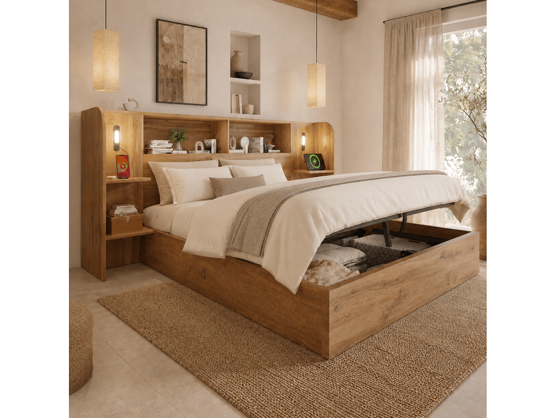  Lit coffre 2 places 160x200 cm avec led et usb coloris chêne  - Conforama E