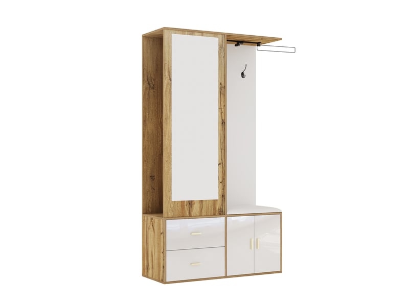  Armoire avec 2 portes,2 tiroirs,miroir,crochets,tringle à vêtements extensible,meuble à chaussures et banc à chaussures,blanc+naturel armoire blanc - Conforama D