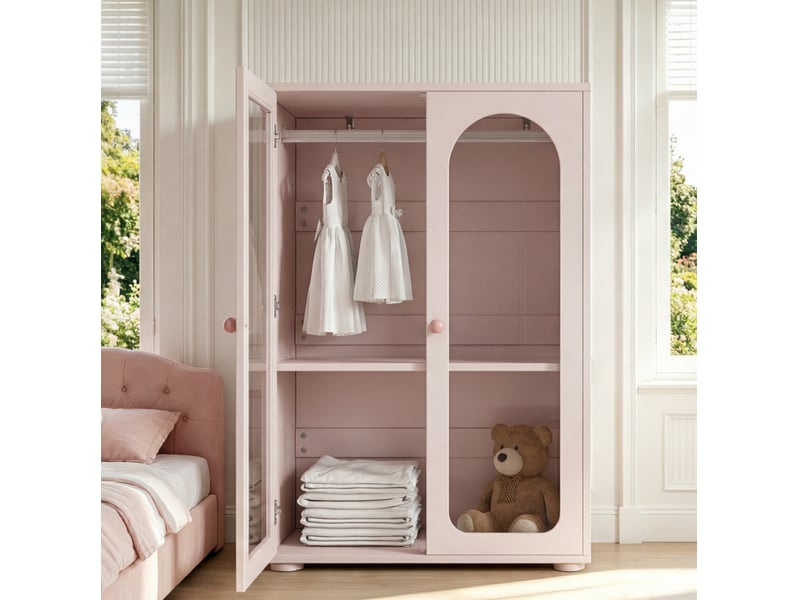  Armoire enfant 2 portes 80x50x120 cm mdf rose bébé laqué, poignées en céramique, portes transparentes avec tringle  - Conforama E