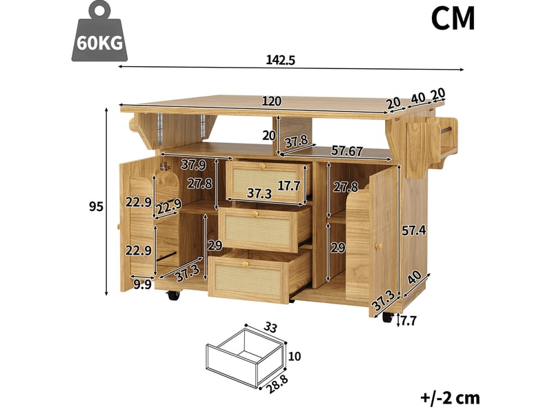  Desserte de cuisine pliable 142,5 x 80 x 95 cm sur roulettes, mdf, coloris naturel  - Conforama C