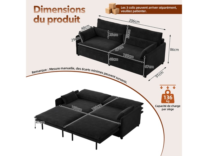  Canapé convertible 3 places noir en chenille avec rangement, 206 cm Fay Lum - Conforama C