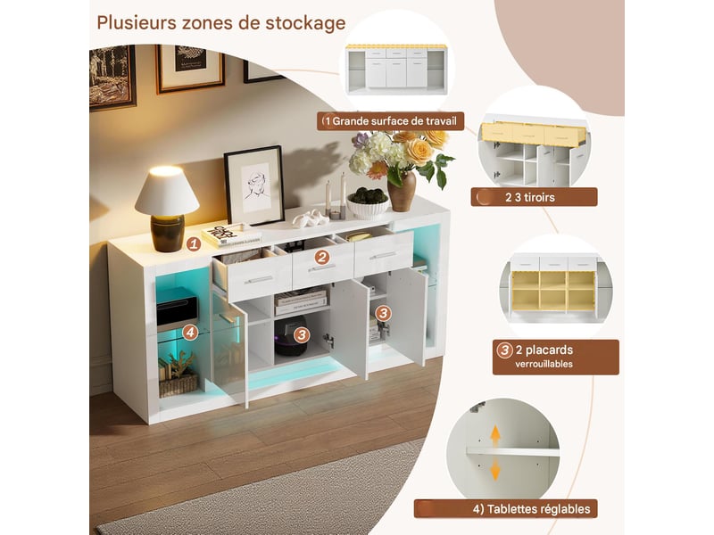 Buffet 3 portes et 3 tiroirs avec éclairage led blanc 160 x 40 x 75 cm  - Conforama D