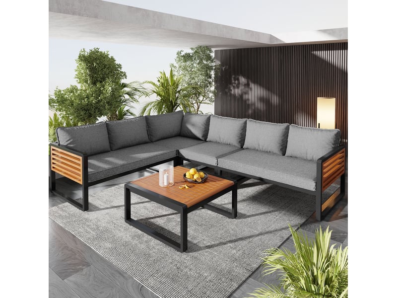  Canapé salon modulable extérieur 5 places métal polyester gris avec table basse homvra  - Conforama C