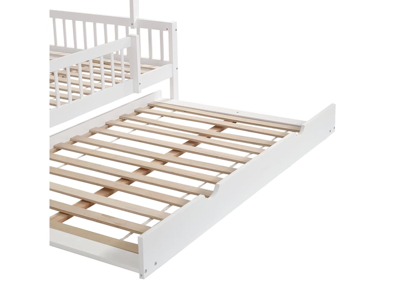  Lit cabane blanc 120x200 et 120x190 cm en pin et mdf, lit gigogne à roulettes, toit avec cheminée et barrières sur 3 côtés  - Conforama E