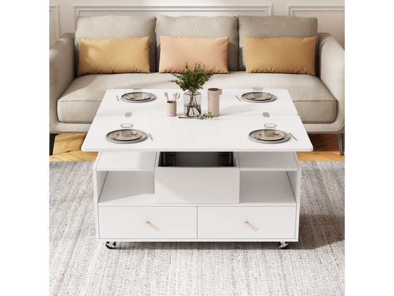  Table basse relevable et extensible blanche avec 4 tiroirs, 100x50x47.5 cm, transformable en table à manger  - Conforama W