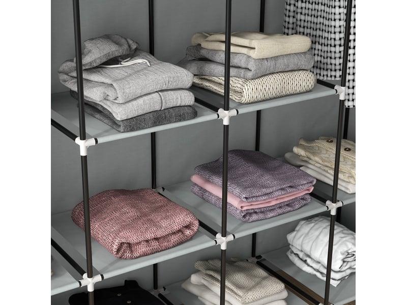  Armoire en tissu avec 2 barres 10 compartiments et 4 tiroirs, porte zippée pour chambre et entrée, gris foncé  - Conforama D