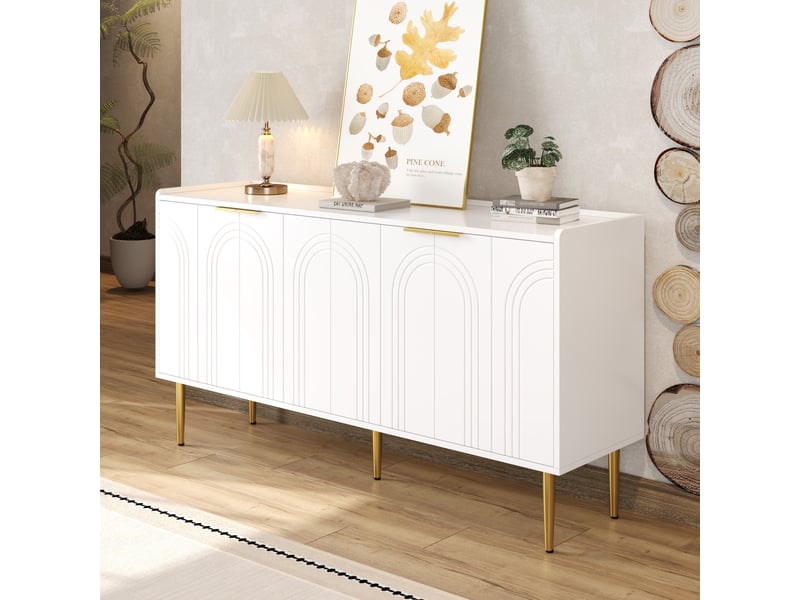 Buffet blanc moderne enfilade 140 cm avec 4 portes et pieds en métal doré, meuble de rangement pour salon - Conforama W