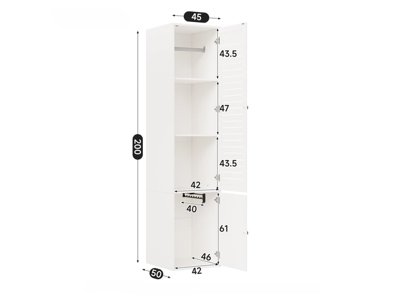  Armoire chambre 45x50x200 cm, penderie une porte avec porte persienne, en bois, avec tringle et 3 compartiments, blanc  - Conforama E