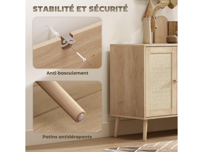  Buffet salon meuble de rangement placards à portes en cannage et étagère réglable effet bois naturel 140 x 40 x 75 cm  - Conforama R