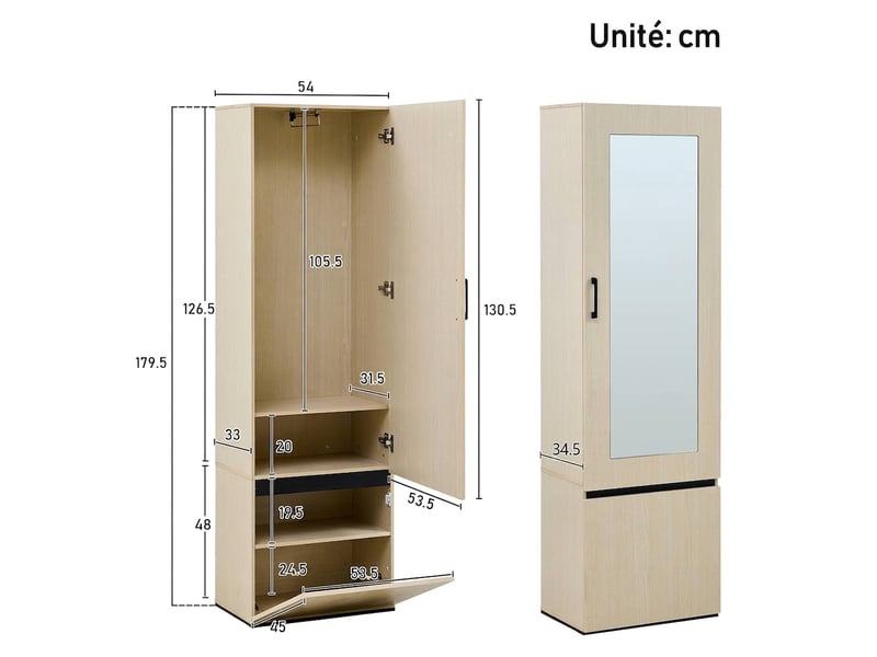 Vestiaire d'entrée avec miroir et banc à chaussures - ensemble meuble d'entrée moderne mdf bois clair - Conforama E