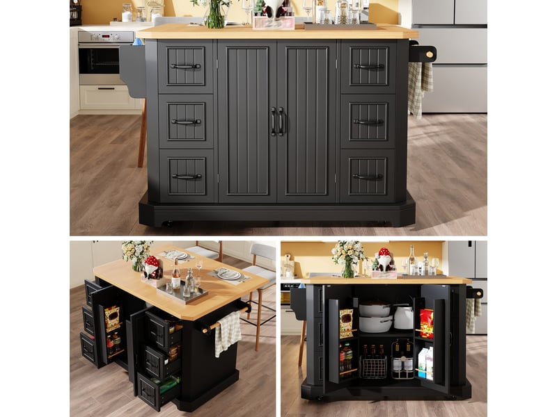  Îlot de cuisine mobile noir, desserte de cuisine avec 2 portes et 6 tiroirs, plateau en bois, 120x45x91 cm  - Conforama C