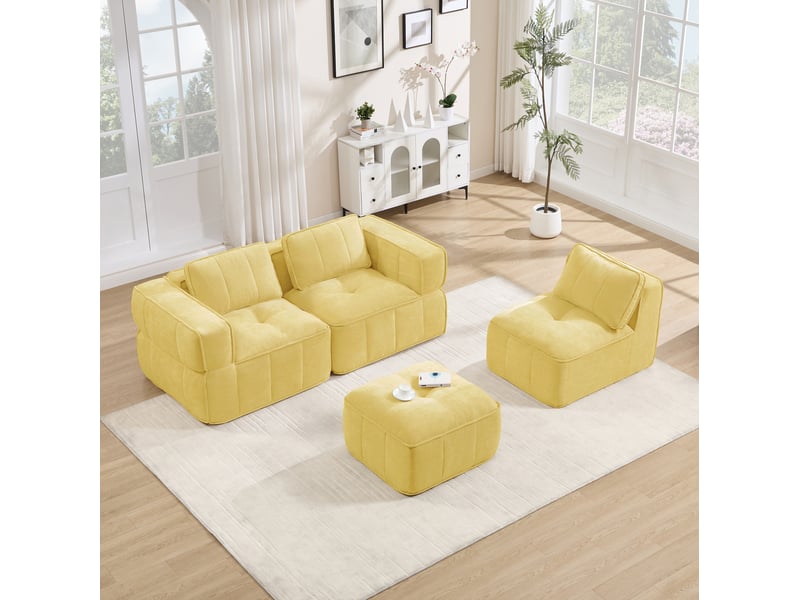  Canapé d'angle modulaire 3 places avec pouf, assise profonde et mousse 32d, sans cadre en polyester jaune  - Conforama B