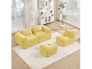 Canapé d'angle modulaire 3 places avec pouf, assise profonde et mousse 32d, sans cadre en polyester jaune