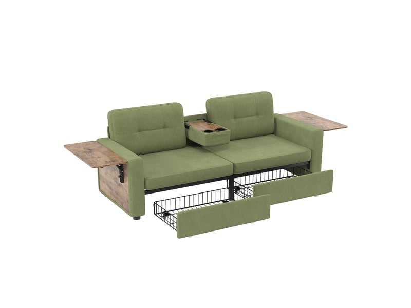Canapé 2 places avec 2 tiroirs et tablettes réglables en chenille verte - Conforama E