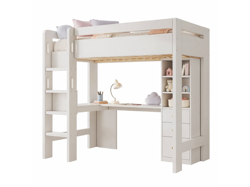 Lit mezzanine enfant 90x200 cm avec bureau en l, rangements et usb, blanc - Conforama A