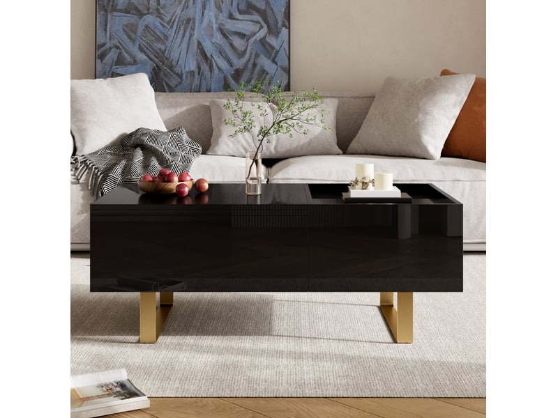  Table basse relevable avec tiroir et rangement caché, noire brillante, pieds en fer doré, pour salon 100 × 50 × 54,5 cm  - Conforama D