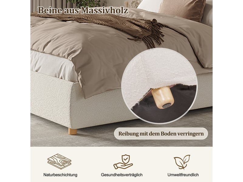  Lit double 180x200 cm avec sommier à lattes, lit double hydraulique avec tête de lit en velours, blanc, lit double en bois massif  - Conforama R