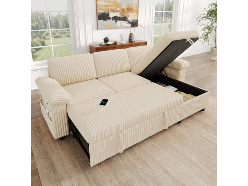  Canapé d’angle convertible 214x138,5x89 cm modulable bois et métal beige  - Conforama C