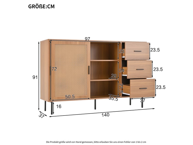  Buffet 2 portes coulissantes et 3 tiroirs, naturel, style campagne, 140 x 37 x 91 cm  - Conforama E