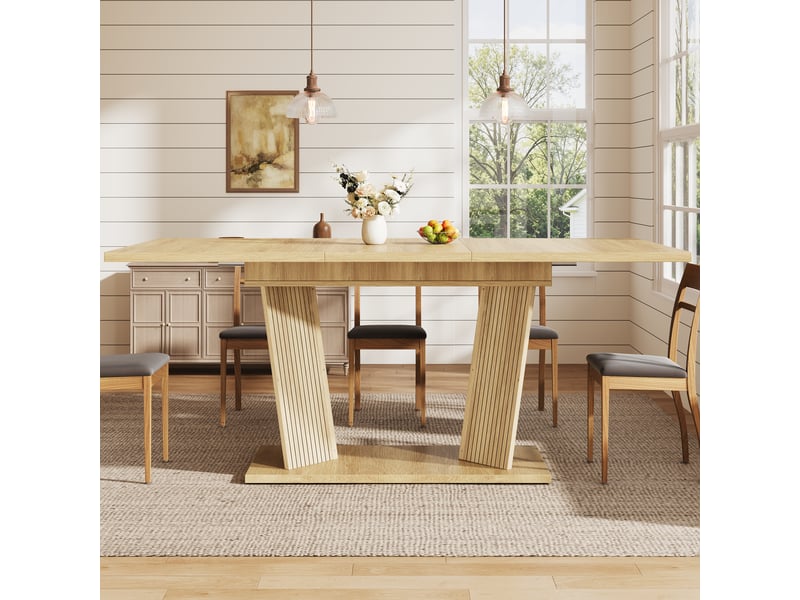 Table à manger extensible moderne, effet bois massif, brun naturel, pieds réglables - Conforama B