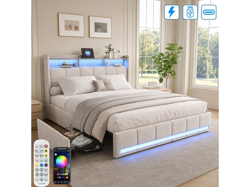 Lit 140 x 190 cm avec sommier - 4 tiroirs - cadre de lit rembourré avec led intégrée et usb type‑c - lit coffre double avec rangement et tete de lit capitonné - 2 personnes - 2 places- en lin - beige - chambre adulteado - sans m…  - Conforama W