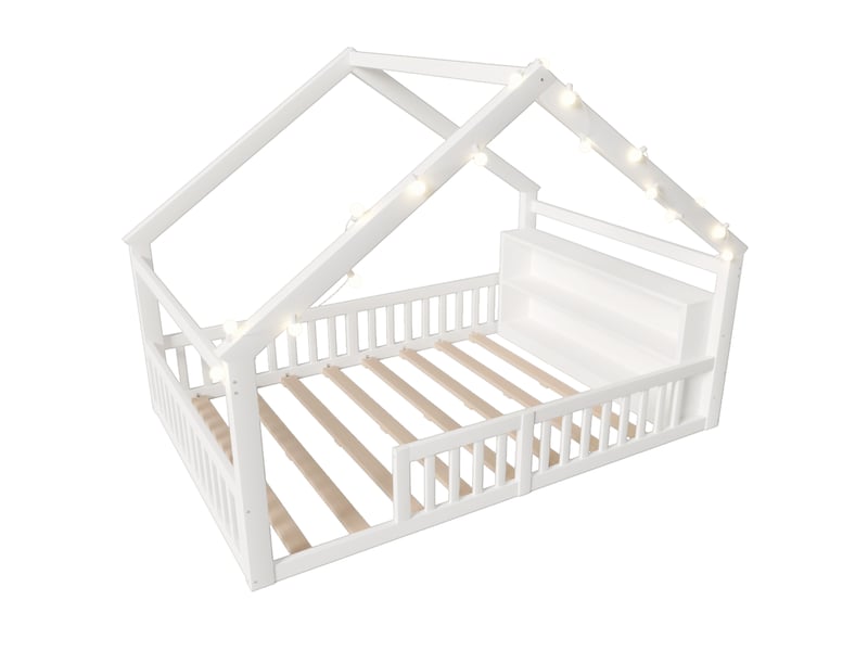 Lit enfant blanc 140x190 cm en pin, garde-corps, led et cadre style maison - Conforama E