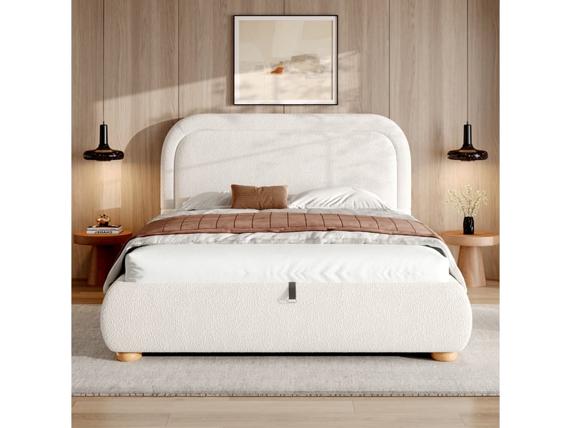 Lit coffre 160x200 cm blanc, tissu bouclé, sommier relevable hydraulique, tête de lit rembourrée, pieds en bois massif, sommier à lattes inclus  - Conforama W