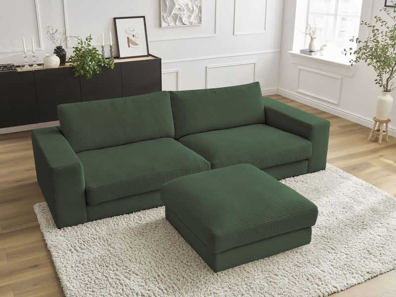  Bobochic canapé droit fixe 3 places leonard velours côtelé avec pouf vert foncé LEONARD - Conforama D