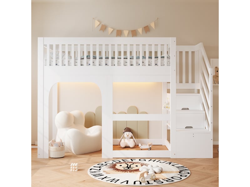  Lit mezzanine 90x200 cm avec rangement intégré et led - lit enfant avec sommier à lattes et barrières de sécurité - bois blanc  - Conforama D