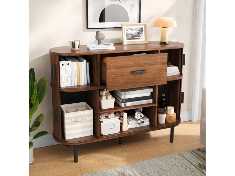  Buffet à portes coulissantes avec 1 tiroir et rangement à deux niveaux pour salon en mdf noyer 110 × 35 × 81,5 cm  - Conforama D