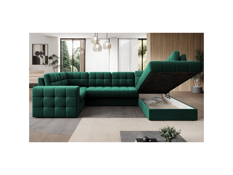  Canapé d'angle convertible monteza vert 299 cm avec coffre et couchage  - Conforama D