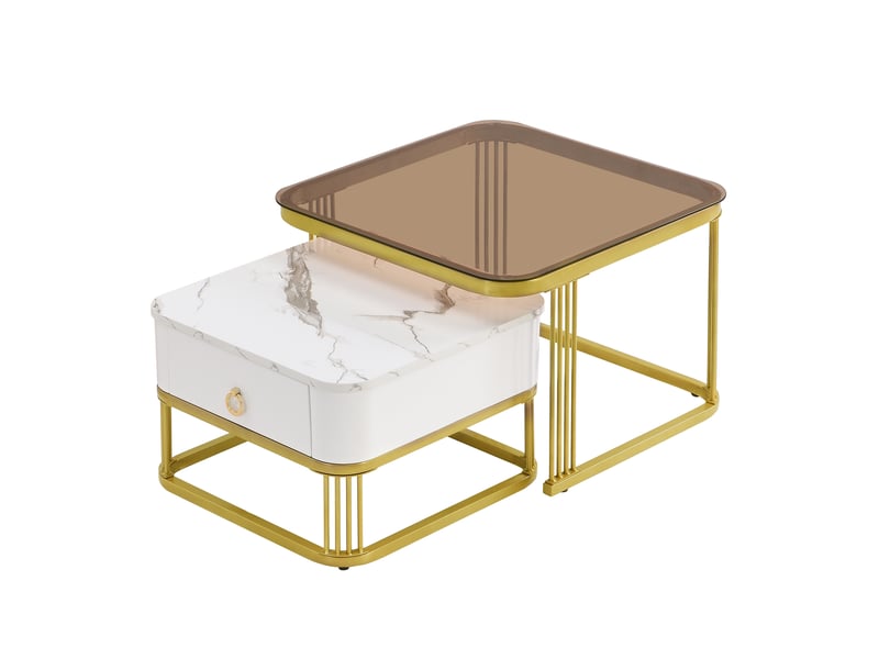  Table basse empilable : plateau en verre brun thé et aspect marbre brillant, détails dorés, table d’appoint avec tiroirs. Ensemble de deux pièces.  - Conforama D