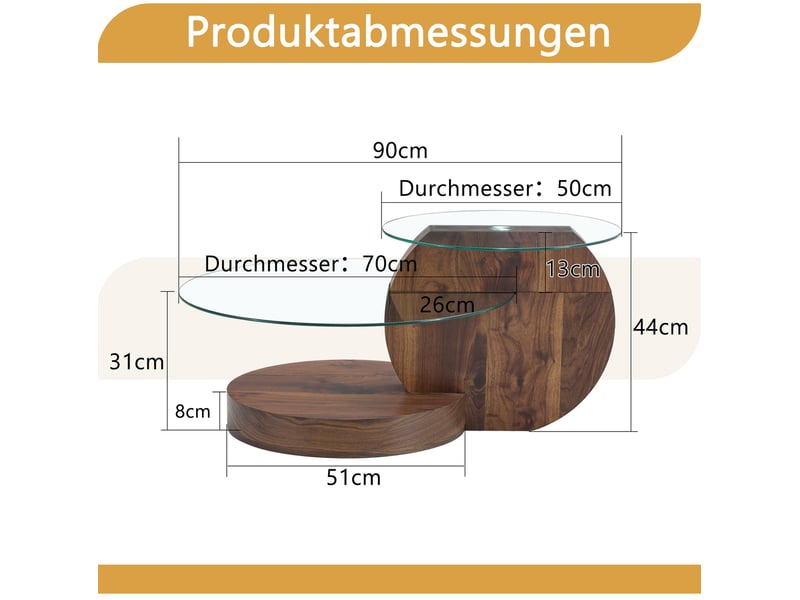  Table basse avec plateaux à plusieurs niveaux et verre trempé, style moderne, en mdf et verre, transparent noyer  - Conforama D