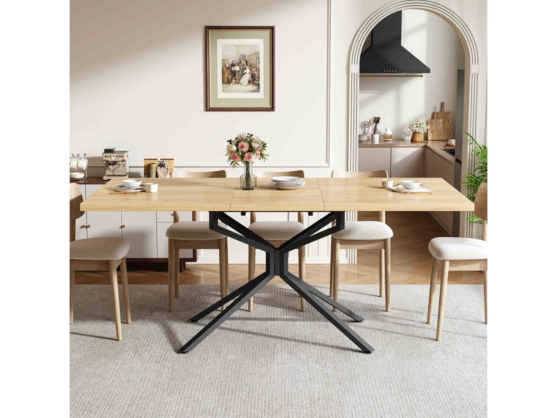 Table à manger extensible rectangulaire 120160x90 cm pour 4 à 6 personnes, plateau mdf effet chêne clair, piètement métal noir design étoile - Conforama E