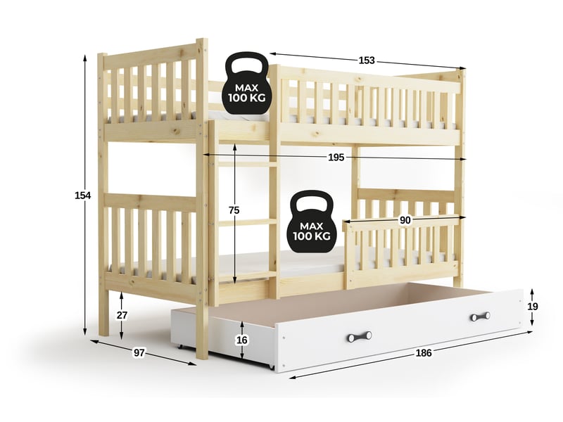  Lit superposé séparable 90x190 cm quba interbeds - bois massif de pin avec barrière, sommier, tiroir - pin naturel blanc  - Conforama C
