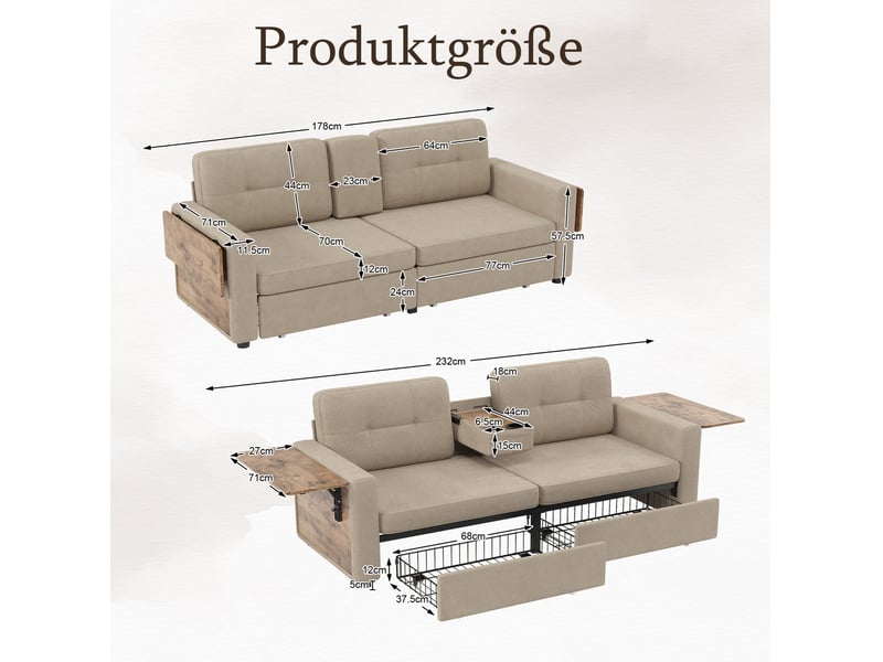 Canapé 2 places 178*71*57.5 cm en chenille avec 2 tiroirs et tablettes rabattables kaki chicfurn - Conforama D